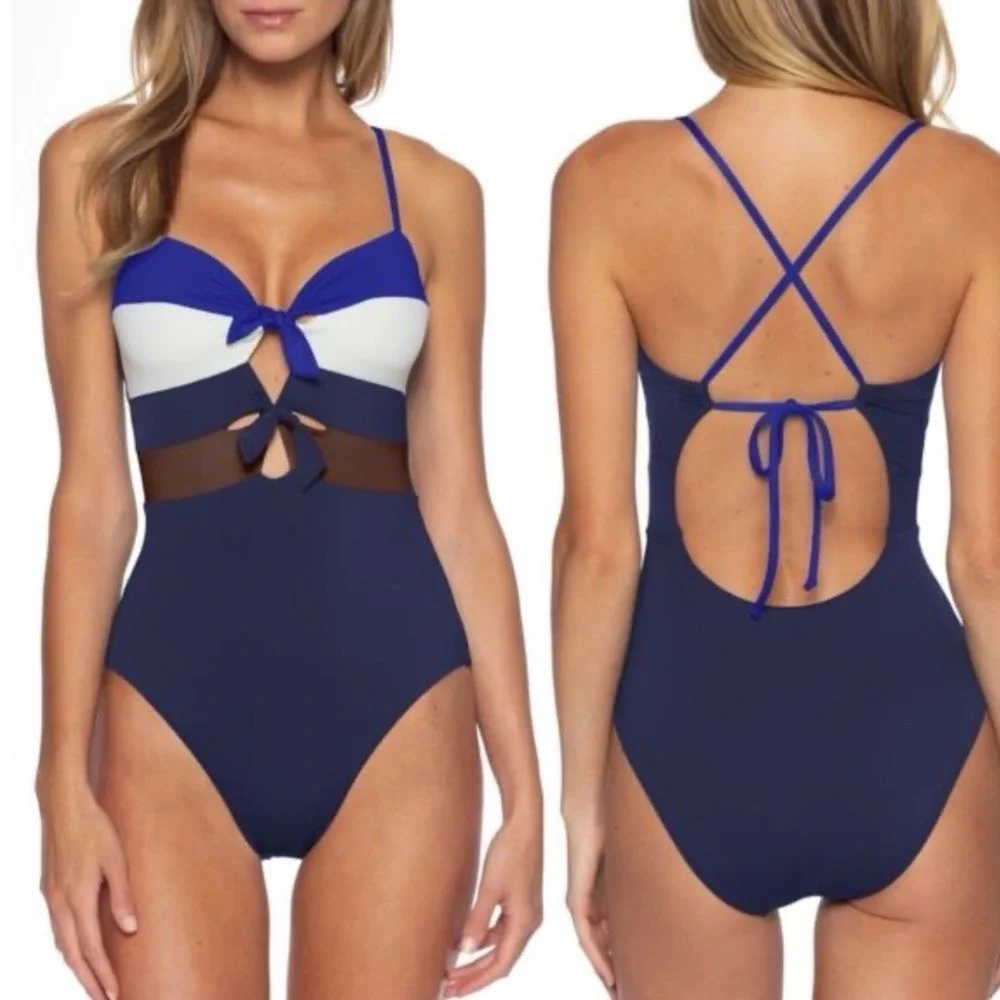 BECCA Circuit Colorblock One Piece Swimsuit‎ Navy Blue White Brown Strappy Bows